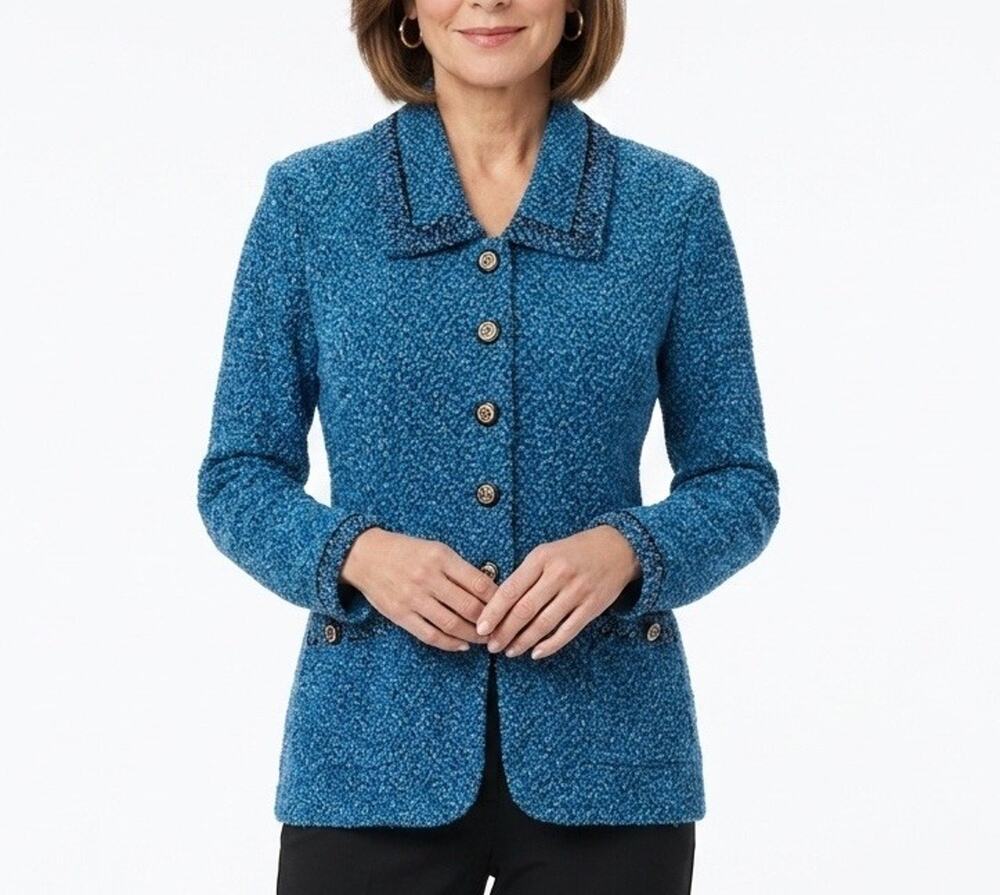 ST JOHN Couture Tweed Jacket Blazer Blue Collared Long Sleeve Button Front 6 S